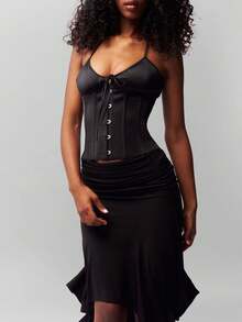 Women's Tie Front Button Down Cami Top Y2k Spaghetti Strap Bustier Corset Tops Camisole - Black - View 4