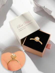 精美礼盒装立方氧化锆皇冠戒指，女士婚礼派对时尚首饰，铜质材质，不褪色且低致敏性，理想的情人节礼物 - 金色 - 查看 10