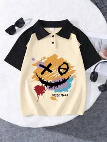 青少年男孩涂鸦风格笑脸印花Polo衫和短裤夏季新款套装 - 彩色 - 查看 3