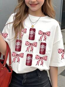 Tween Girl Casual Simple Girl T-Shirt Red Bow And Soda Pattern Pullover Round Neck Short Sleeve T-Shirt Kids Clothes Girls Summer New Short Sleeve Top - White - View 11