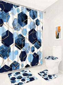 4pcs Blue Bathroom Set, Geometric Pattern Shower Curtain Set, Modern Art Style Shower Curtain With 12 Hooks, Bathroom Rug, Bathroom Non-Slip Mat And Toilet Mat - A - View 15