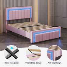 Bedroom Furniture, LED Bed Frame With Velvet Upholstered Headboard, Queen Bed Frame With Modern Diamond Headboard Adjustable, Bedroom Deccor, No Box Spring Needed, Easy Assembly, (USB LED Strip) - Pink - View 2