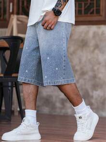 European And American Teenage Boys' Yin Yang Patchwork Blue And White Rhinestone Embellished Casual Denim Shorts - Light Wash - View 4
