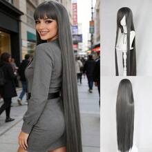 46英寸/120厘米通用动漫角色扮演假发，带刘海，超长柔顺直发，耐热合成纤维，长刘海，男女皆宜，多种颜色可选（黑色、棕色、白色、银白色、银灰色、灰色），舒适时尚，用途广泛，适合日常、派对、嘉年华、音乐会、度假、摄影、生日、圣诞节等场合，亦可作为装饰礼物。 - 彩色 - 查看 17