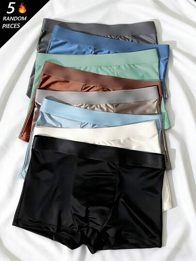paquete de 5 bóxers casuales de unicolor para hombres, shorts deportivos de seda helada elástica, ropa interior casual diaria, bóxers semitransparentes de unicolor, adecuados para ciclismo, fitness, uso casual diario, ropa de casa, regalo para hombres, adecuados para vacaciones, Día de San Valentín, aniversario para regalar al novio