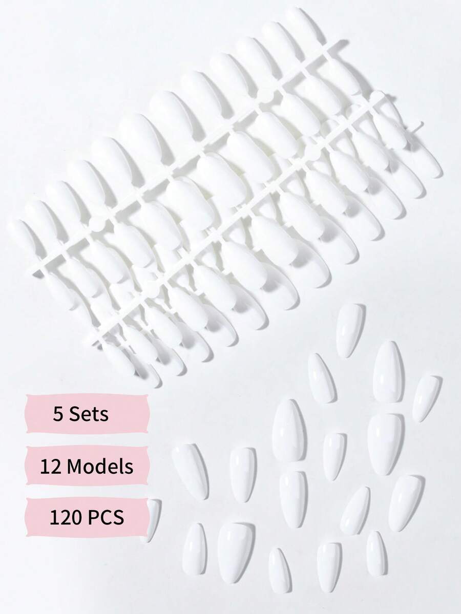 Bộ 5 móng (120 móng) Y2K màu trắng hạnh nhân, móng giả ngắn bằng acrylic, phủ toàn bộ móng, kèm 1 keo dán và 1 dũa móng, thích hợp cho phụ nữ và bé gái sử dụng hàng ngày và dự tiệc. - trắng - Xem 1