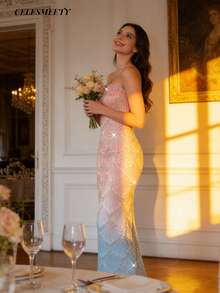 Elisanya 优雅粉蓝渐变抹胸长裙，适合新娘送礼会、圣诞节、新年、感恩节、派对、婚礼等场合。浪漫薄纱无肩带亮片修身连衣裙。 - pink with light blue - 查看 4