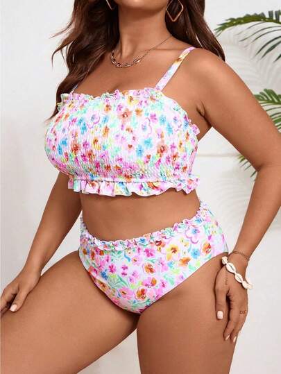 Ladies' Sweet Floral Plus-Size Swimsuit Set, With A Figure-Hiding And Slimming Cut, A Must-Have Item For Christmas Beach Swimming.