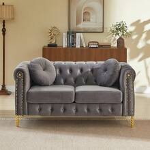 YOGLAD Modern Velvet Chesterfield Modular Sofa Couch Set With Tufted Button Back, Copper Stud Trim, Metal Legs & Decorative Armrest Rings, Spring Cushion Living Room Sofa, Single Seat, Loveseat & 3 Seater Upholstered Couch For Home Apartment - 灰色 - 查看 9