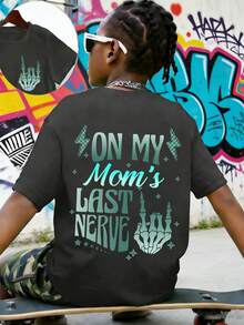 Tween Boy "ON MY MOM'S LAST NERVE" Letter Print T-Shirt, Suitable For Casual, Streetwear, School, Events, Family Gatherings, Fashionable Boys' Summer Top - Dark Grey - View 4