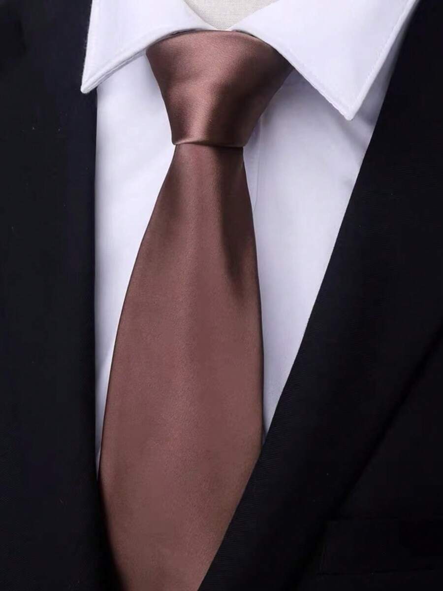 1条男士纯棕色条纹休闲领带，适合商务、宴会和日常穿着 - 棕色 - 查看 1