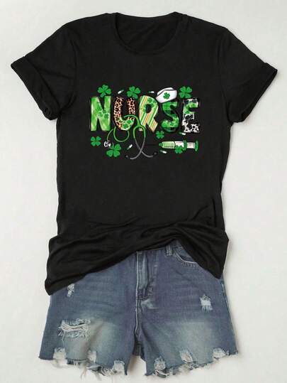 Plus Size Women's Daily Pattern-Decorated "NURSE" Text Four-Leaf Clover Elements Medical Elements Nurse-Themed Decorative Graphic Print Pattern Round Neck Short Sleeve Casual Spring/Summer/Fall Plus-Size T-Shirt Valentine's Day/Back-To-School Summer,Summer Outfits,Summer Clothes,Summer Holiday Outfits,Summer Tops Tops For Women
