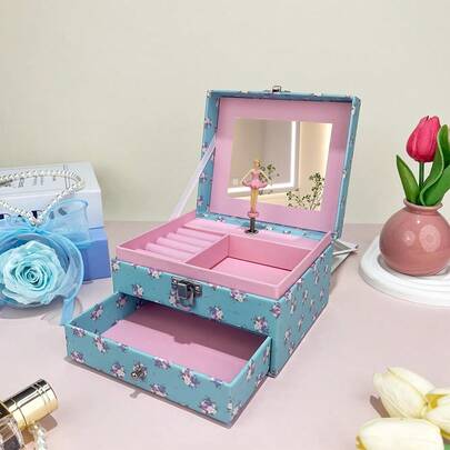 1개 새로운 라이트 블루 작은 흰색 꽃 사각형 서랍 오르골, 거울과 회전 발레리나가 있는 종이 재질, 팔찌, 목걸이, 보석 및 잡화를 위한 보석 보관함, 일상 선물용으로 보편적, 생일, 결혼식 및 일상 모임에 이상적, 어머니의 날, 여성의 날 및 발렌타인 데이 추천 선물