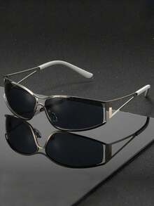 1 Pair Unisex Silver Frame Black Lens Narrow Rectangle Metal Alloy Y2K Chic Fashion Glasses, Suitable For Street Style, Music Festivals, Valentine's Day Gift, Men & Women - Multicolor - View 3