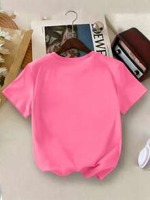 Girls' Cartoon Axolotl Print Round Neck Short Sleeve T-Shirt, Casual Tee For School, Vacation And Shopping, Spring/Summer - Hot Pink - View 2