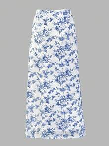 Women's Spring/Summer Chinoiserie Print Ruffle Hem Elastic Mesh Skirt, Casual Everyday/Vacation/Party Wear - Blue and White - View 4