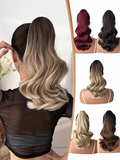 Claw Shaped Ponytail Extension Hair Accessory Brown Gold Burgundy Gradient Brown 16 Inch Long Wave Heat-Resistant Fiber Synthetic Ponytail Wig, Suitable For Women's Parties And Daily Use