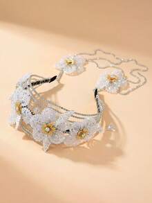 1 pièce Bandeau de mariée en cristal fleur élégant et de luxe, accessoire de cheveux fait main avec perles et longue frange en cristal, pour festival, fête - Multicolore - Voir 3