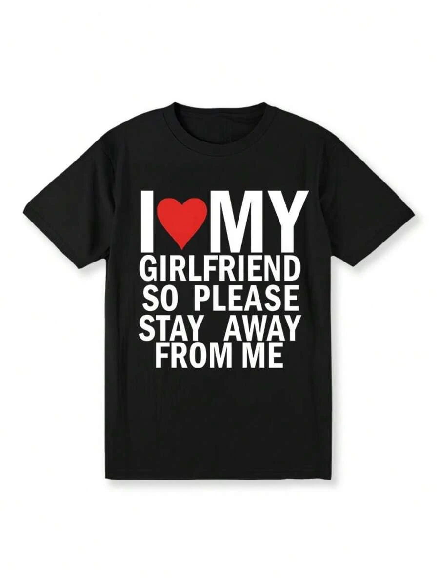 Men I Love My Girlfriend Slogan Printed Tee - Black - View 1
