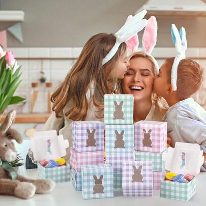 5个/10个/30个装复活节格子兔子图案带窗口面包盒，4*4*2.5英寸带窗口饼干盒，适用于蛋糕、糕点、巧克力、饼干、派对、生日派对、复活节假日派对、聚会礼品包装盒、挞包装盒