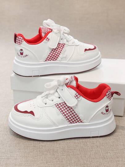 1 Pair 2026 New Kids Casual Sneakers, White Base With Light Pink Accents, Featuring Plaid Fabric Panels