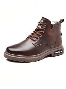 Un par de Liso Vintage Cuero PU Detalle de Cordones y Suela Gruesa Antideslizante Botas de Hombre Para Trabajo y Aventuras Otoño e Invierno Tallas 38-44 Resistente y Cómodo - Marrón - Ver 3