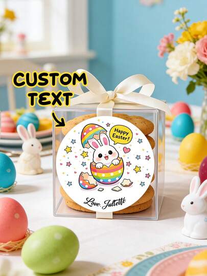 12/24/40pc Custom Text Easter Bunny Rainbow Egg Round Sticker,Easter Party Favor,Personalized Easter Gift Label,Kids' Easter Egg Hunt Stickers,Easter Baskets Stickers,Happy Easter Decor Stickers