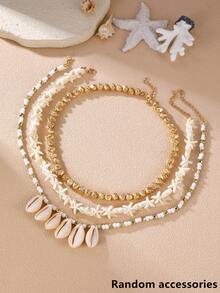 1/3pcs Fashionable Bohemian Beach Ocean Series Pearl Seashell Starfish Beaded Necklace Set, Women Everyday & Holiday Accessory - Multicolor - View 14