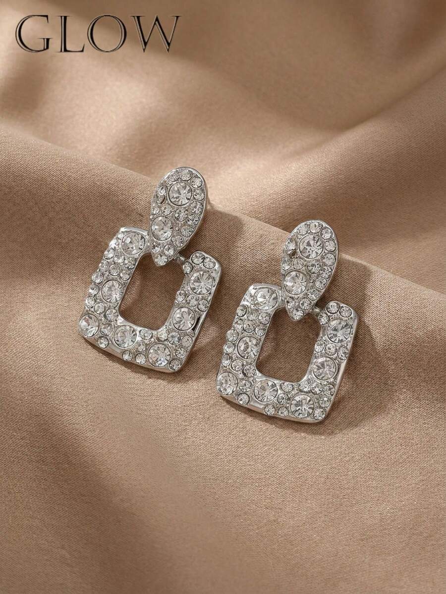 一对简约几何镂空水钻耳钉，适合少女日常及节日佩戴 - 幾何 - 查看 1