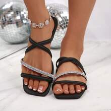 Women's Rhinestone Criss-Cross Flat Slip-On Beach Sandals, Fairy Style - Black - View 4