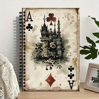 Cuaderno de cartas de juego vintage - Diseño de castillo de picas negras con espiral, adecuado para entusiastas del póker, jugadores, estudiantes y maestros como diario compacto universitario - Organizador de oficina/escuela (regalo ideal de cumpleaños/graduación)