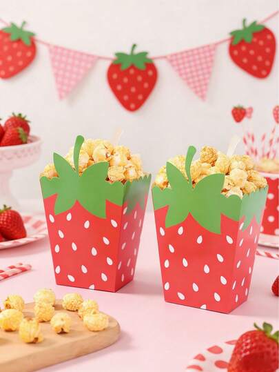 10pcs Pink Strawberry Paper Popcorn Boxes, Strawberry Theme Birthday Party Disposable Popcorn Containers, Fries Boxes, Bread Boxes, 1st Birthday Party, Baby Shower, Gender Reveal Decorations, Baby Birthday Party Food Trays, Baby Shower Favors, Gift Packaging Boxes