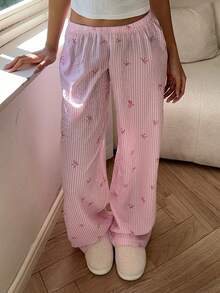 Women's Pink & White Striped Bow Print Woven Fabric Pants, Bow Print Wide Leg Casual Loose Trousers For Home, Everyday Wear, All Seasons Vacation - Pink - View 1