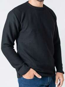 Men's Knitted Sweater, Single Color, Crew Neck, Casual Winter, Plain - màu đen - Xem 3