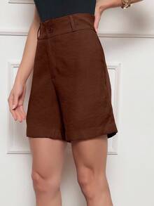 Women's Straight Tailored High-Waisted Shorts With Front Button And Side Pockets - Casual Urban Summer - 巧克力棕 - 查看 4