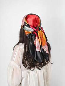 Elegant Women's Printed Satin Scarf 90x90 Large For Hair - L34/preto - Xem 2