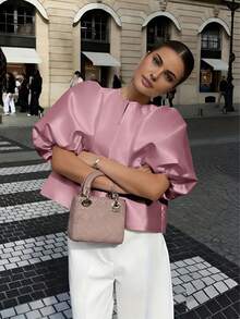 Áo sơ mi satin cổ tròn tay cánh hoa, kiểu dáng thanh lịch, sang trọng, phong cách retro Pháp, thường ngày, phù hợp cho công sở và đi làm, màu hồng, thích hợp cho đi làm hàng ngày. - Hồng - Xem 5
