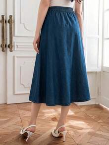 Chân váy denim ngắn dáng suông, túi xéo, trang trí cúc trơn, kiểu dáng thường ngày, đa năng. - Màu xanh lam - Xem 2