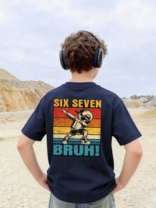 Camiseta de cuello redondo de manga corta con estampado informal para niños preadolescentes, top de verano - Azul Marino - Ver 7