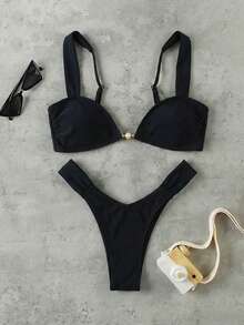 Bộ bikini nữ mùa Xuân/Hè màu đen trơn, kiểu dáng xếp ly, gợi cảm, thanh lịch, thích hợp cho đi biển, nghỉ lễ, tiệc tùng, bao gồm áo tắm riêng. - màu đen - Xem 2