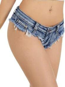 Women's Low Rise Mini Denim Shorts Hot Pants Booty Ripped Jeans Y2K Summer Beach Party Clubwear - Màu xanh lam - Xem 3