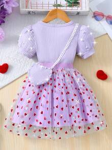 Toddler Girls' Solid Color Ribbed Short Sleeve Top + Heart Mesh Skirt Set With Heart Crossbody Bag, Summer - Purple - View 2