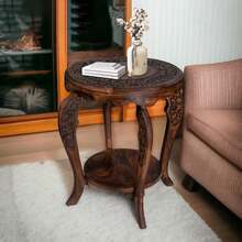 The Wooden Town Farmhouse Mesa auxiliar redonda decorativa, mesita de noche rústica para sala de estar, recámara, mesas de café, bandeja de madera, acabado hecho a mano, 18 x 22 pulgadas, quemada - 1 - Ver 5