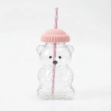 1/2pcs 590ml Mini Bear-Shaped Glass Cup With Pink Hat Lid & Straw - Transparent Adorable Bear Bottle For Drinking, Cute Glass Glass Vessel For Home Office Use, Christmas Gift 2025, Reading Vessel, Holiday Present, Playful Drinkware, Durable Glassware - 粉色 - 查看 6