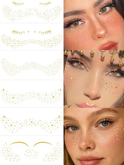 Gold Glitter Face Jewels Stickers, Gold Foil Butterfly Heart Star Moon Freckle Designs, Y2K Temporary Fake Tattoos, DIY For Carnival, Music Festival, Valentine's Day, Party Holiday Gifts, Suitable For Fingers, Ears, Shoulders, Neck, Collarbone, Body Skin Small Areas