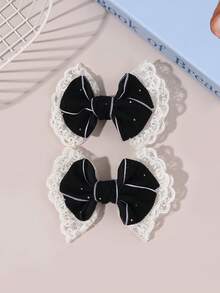 2pcs Black Hair Clips For Women, Solid Corduroy Lace Bow Rhinestone Decorated Elegant Hair Accessories, Suitable For Autumn/Winter, Suitable For Teenagers - Black - View 3