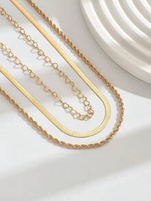 3pcs/Set Delicate Hollow Heart Pendant Necklace Set, Includes Luxury Twist Chain And Minimalist Snake Chain, Suitable For Daily Wear, Beach Party, Vacation, And Mother's Day Gift - Gold - View 3