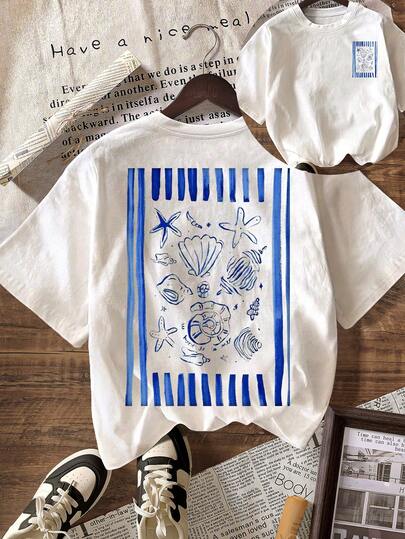 Women's Casual Round Neck Short Sleeve T-Shirt With Graphic Print Protecting Marine Life, Suitable For Summer, Vacation, Beach Outfits