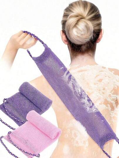 African Mesh Exfoliating Bath Towel Set, Double-Sided Design For Gentle/Coarse Exfoliation, Effective Body Scrubbing, Shower Back Scrub Towel, Quality Mesh Material, Convenient Tie Design, Loofah Bath Towel, Body Sponge, Leaves Skin Smooth, Suitable For Daily Use (Blue, Purple)