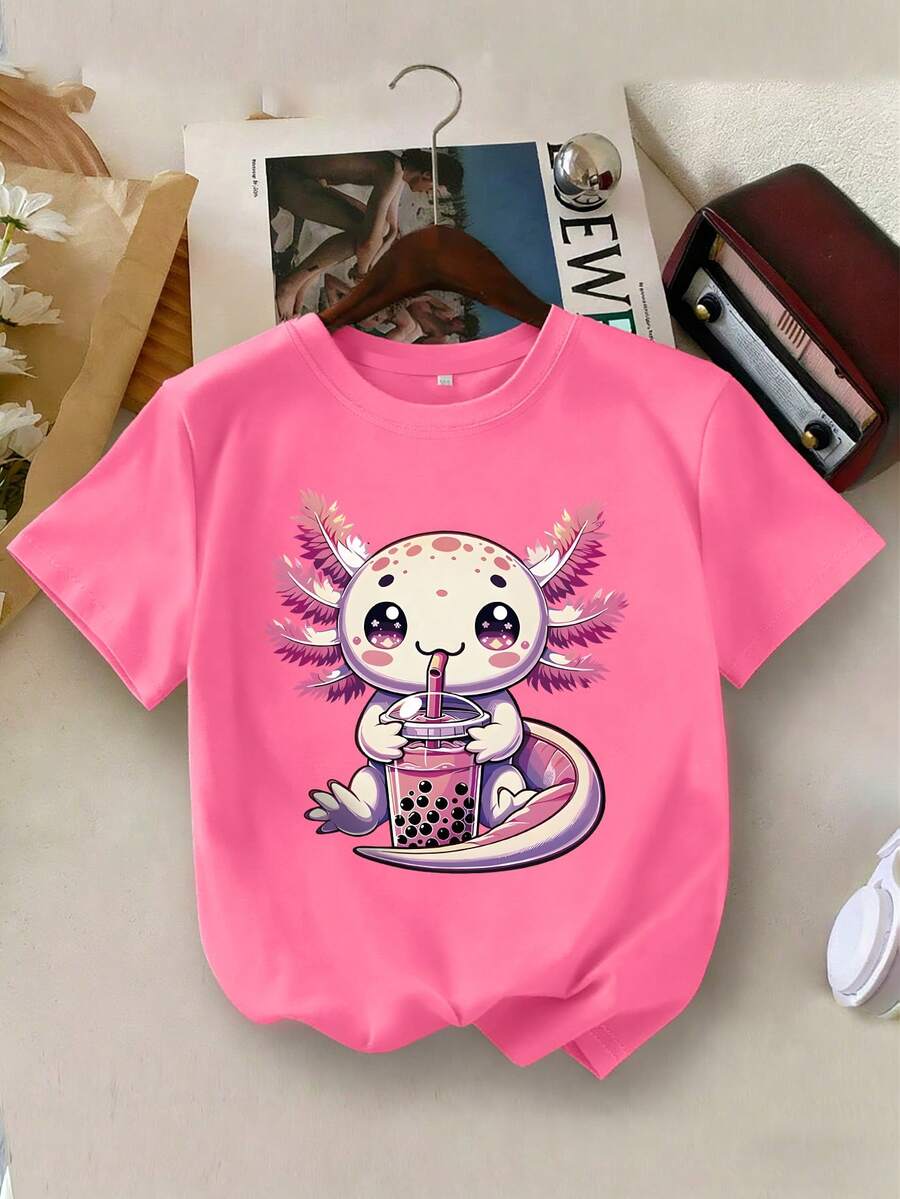 Girls' Cartoon Axolotl Print Round Neck Short Sleeve T-Shirt, Casual Tee For School, Vacation And Shopping, Spring/Summer - Hot Pink - View 1